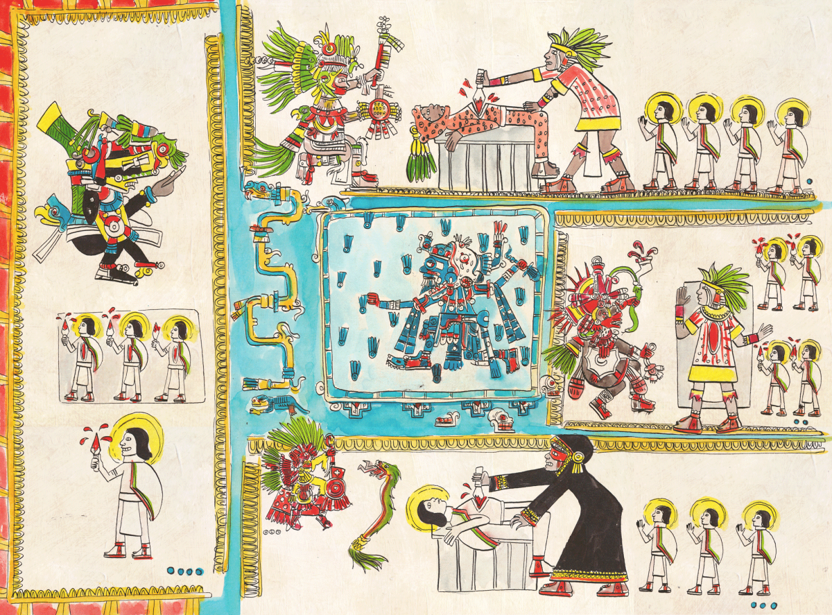 La fresque du temple expliquant les quatre étapes du rituel.